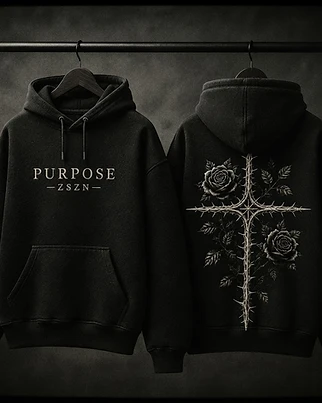 Black hoodie with white "PURPOSE" text on the chest