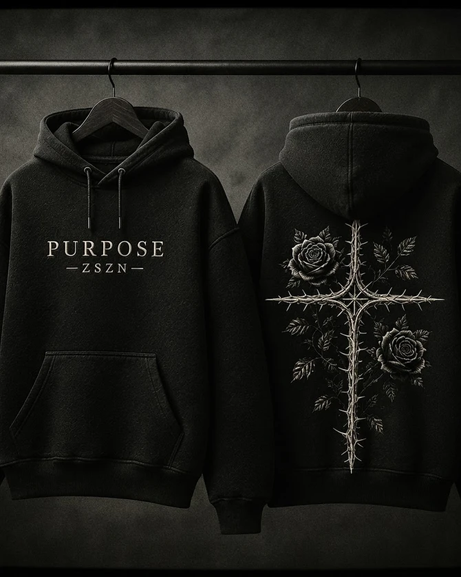 Black hoodie with white "PURPOSE" text on the chest