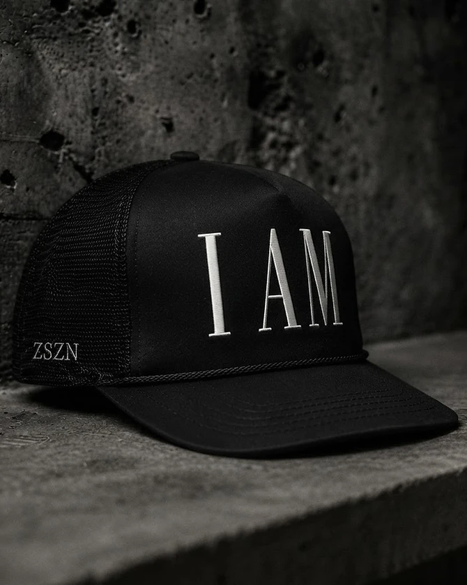 Black trucker hat with white "I AM" text on the front panel