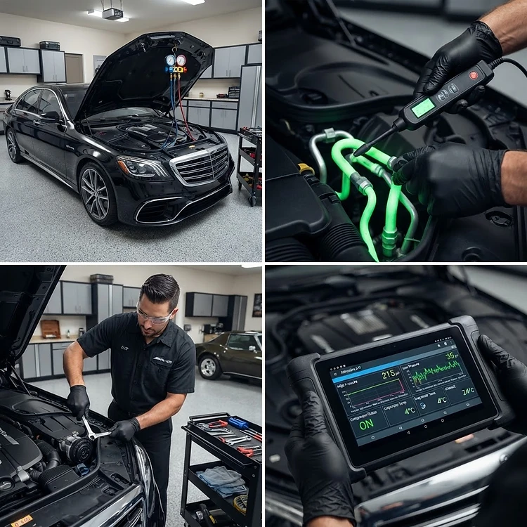 Mobile technician servicing the air conditioning system of a luxury black Mercedes-AMG S600 inside an upscale home garage — leak detection, recharge manifold, compressor service, and live climate diagnostic data.