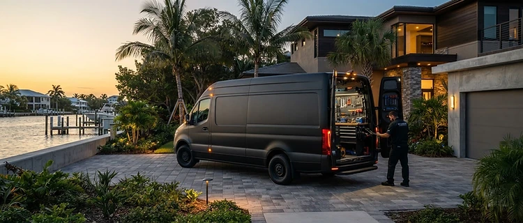 Mobile service van parked at a coastal Emerald Coast residence