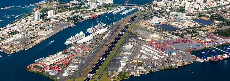 Aerial view of Fernando Luis Ribas Dominicci Airport (SIG) at Isla Grande, San Juan