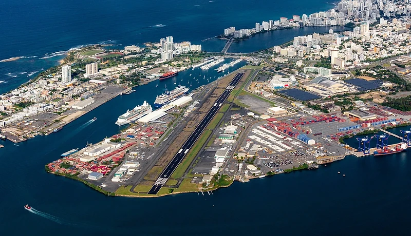 Aerial view of Fernando Luis Ribas Dominicci Airport (SIG) at Isla Grande, San Juan