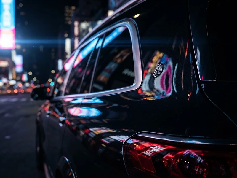 Black luxury SUV reflecting city lights at night — NJ Delta Car Service