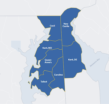 Roofing service area map for All State Building Company across Maryland Eastern Shore counties and Kent County Delaware