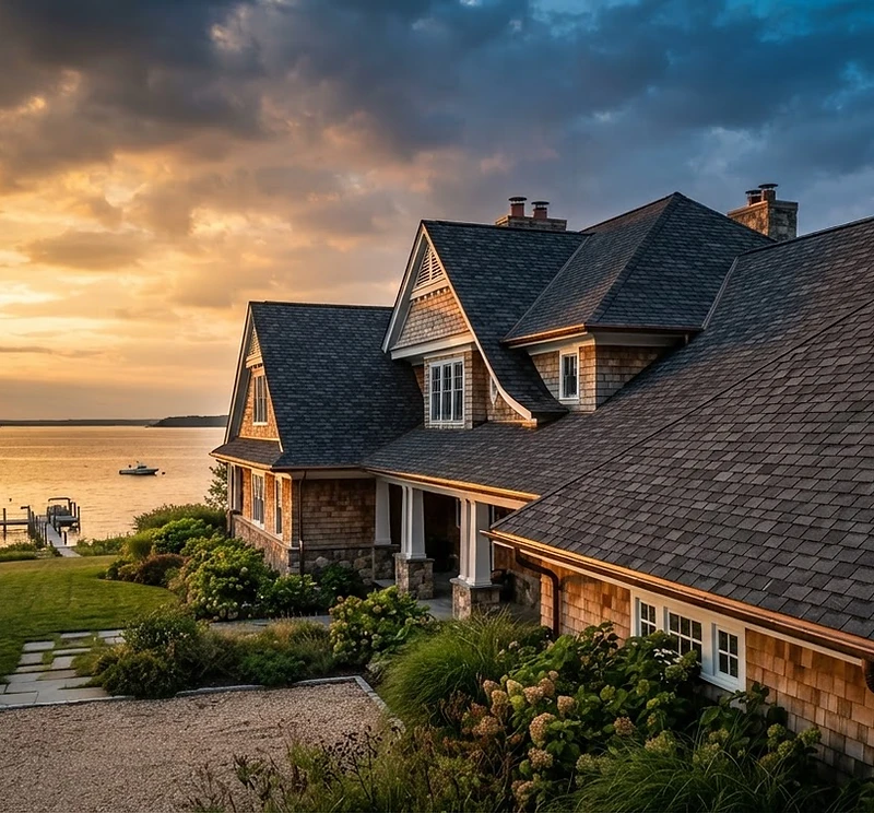 Roof replacement on an Eastern Shore home in Chestertown, MD beneath a dramatic Chesapeake sky