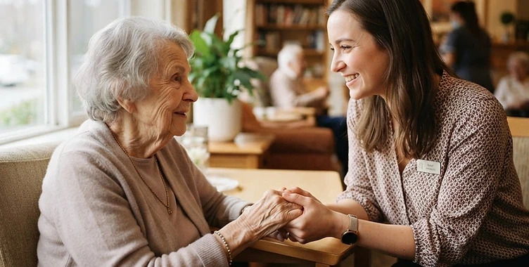 A recreation professional sharing a moment with a resident