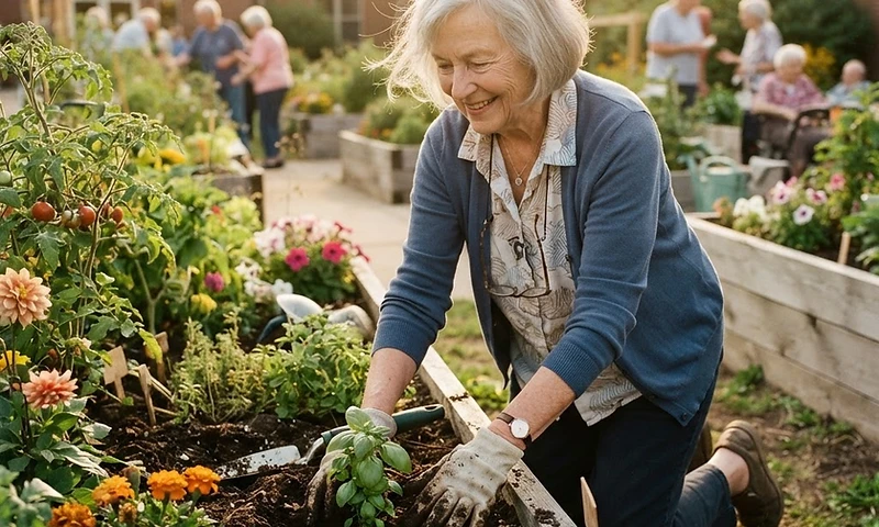 A resident gardening in a senior living garden