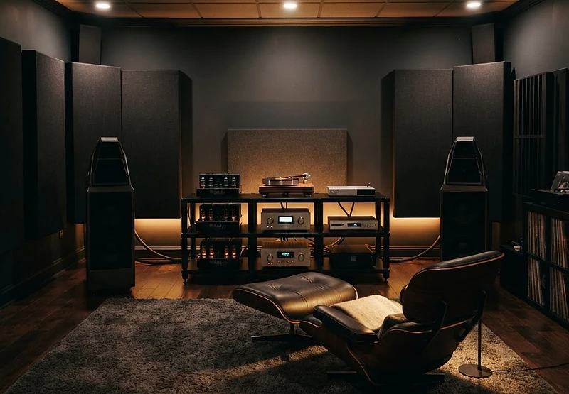 High-end audiophile listening room with a two-channel hi-fi system