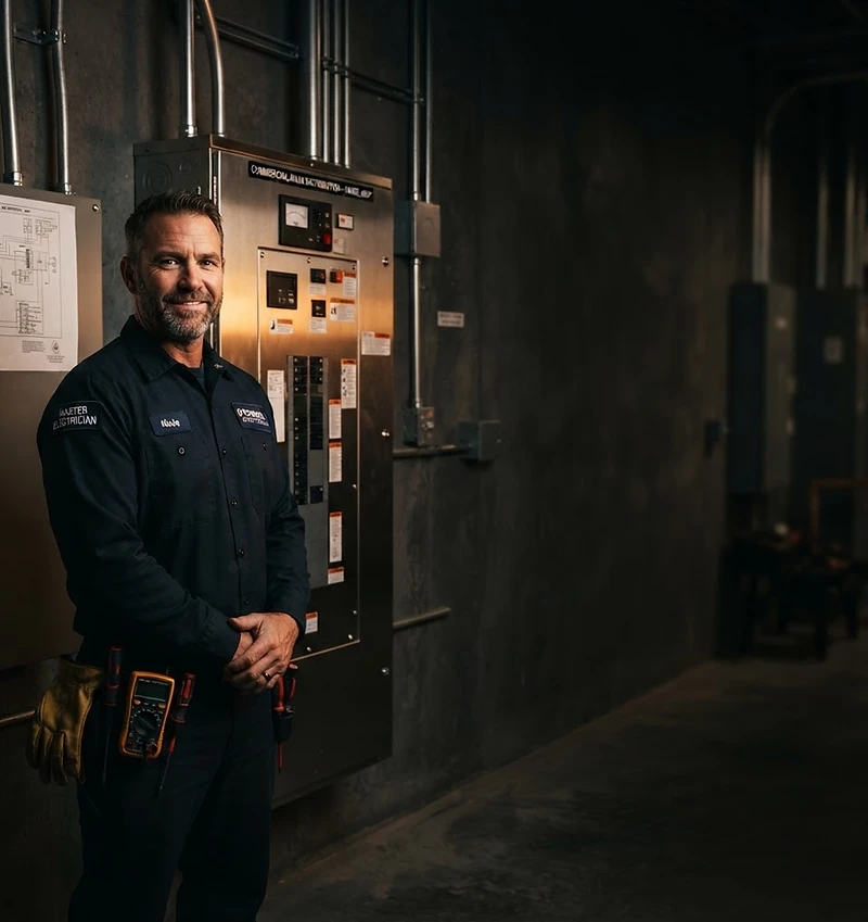 Licensed electrician working inside a modern service panel