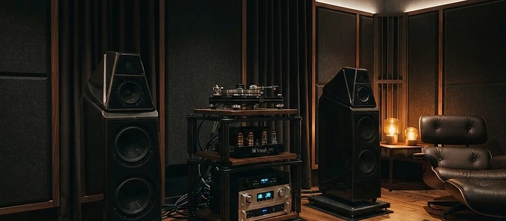 Dedicated hi-fi listening room with floor-standing speakers and an equipment rack