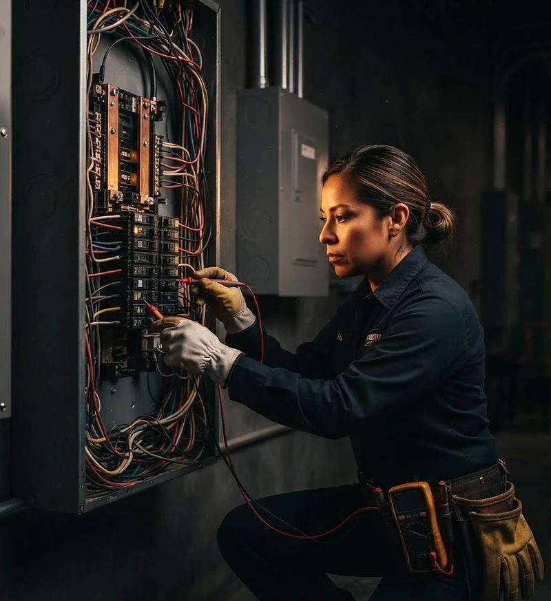 Licensed electrician working inside a modern service panel