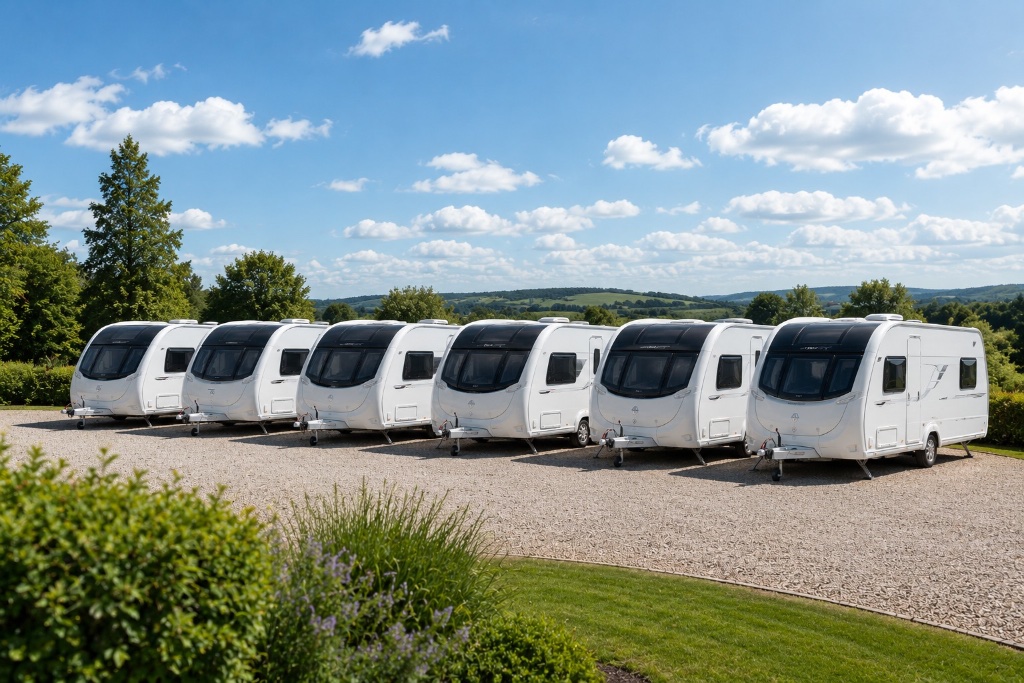 Six caravans lined up on the gravel yard at Lincs Caravans, Sutterby, with rolling Lincolnshire countryside and blue sky behind