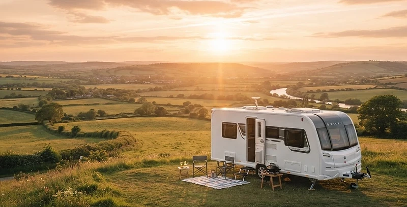 Caravan parked in the Lincolnshire countryside at golden hour