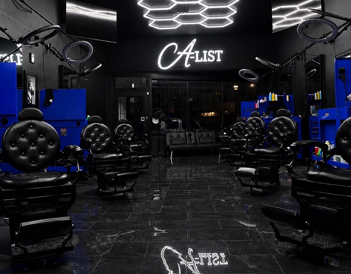 A-List Barbershop luxury interior with hexagon ceiling lights