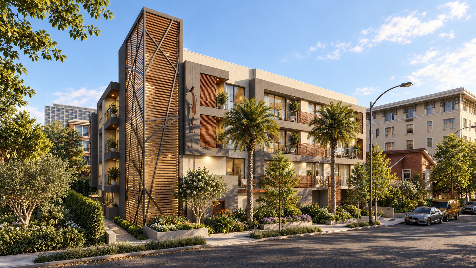 San Vicente Residences, an approved multifamily building with affordable homes in West Hollywood by Apel Design, shown as a design visualization