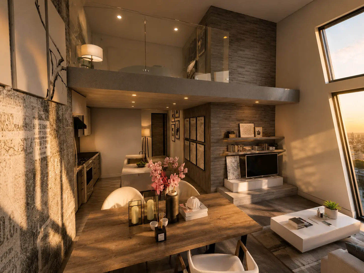 Two-storey loft unit with mezzanine bedroom, open kitchen and city view, a multifamily interior by Apel Design (design visualization)