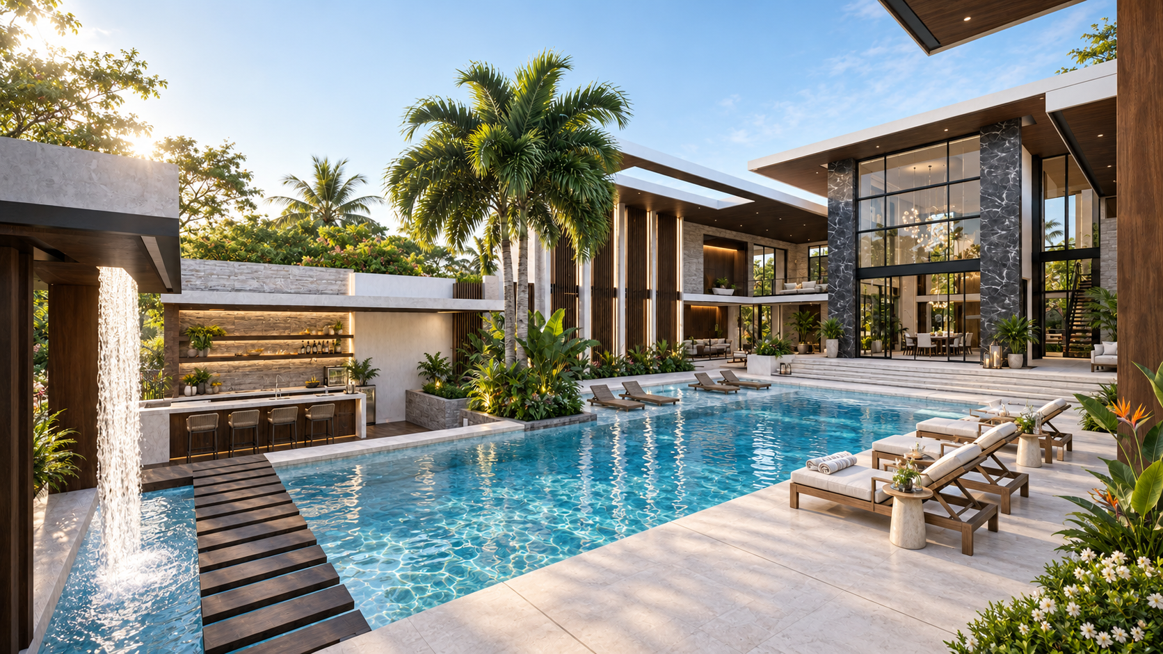Outdoor kitchen and pool at House Three, shown as a design visualization