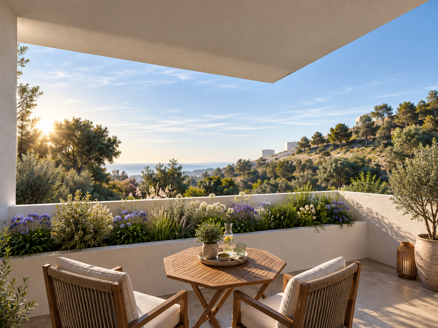 A covered terrace behind a planted parapet, facing the ocean at Foxview, shown as a design visualization