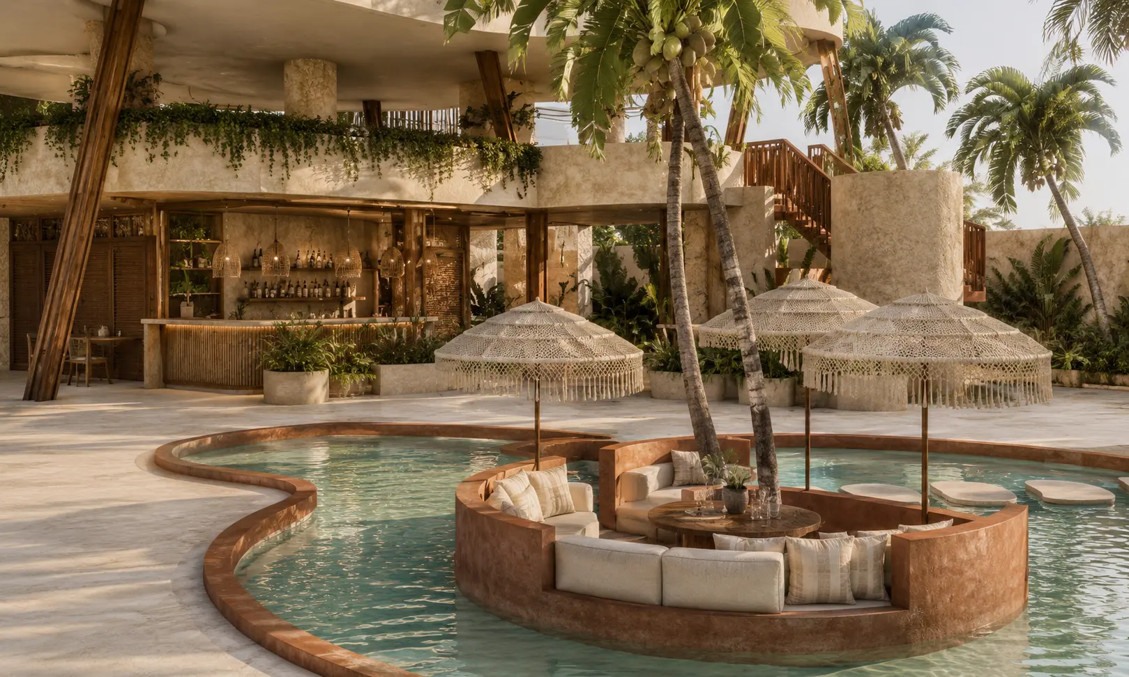 Waterfront bar looking out over the water, an Apel Design resort concept