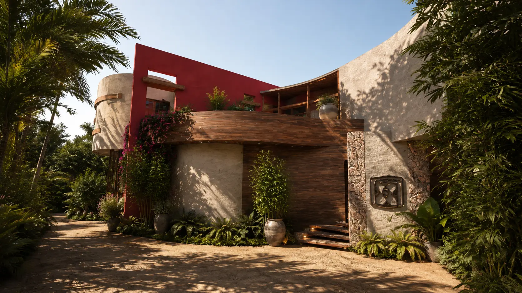 Villa entry with a red canopy and dense tropical planting, an Apel Design resort concept