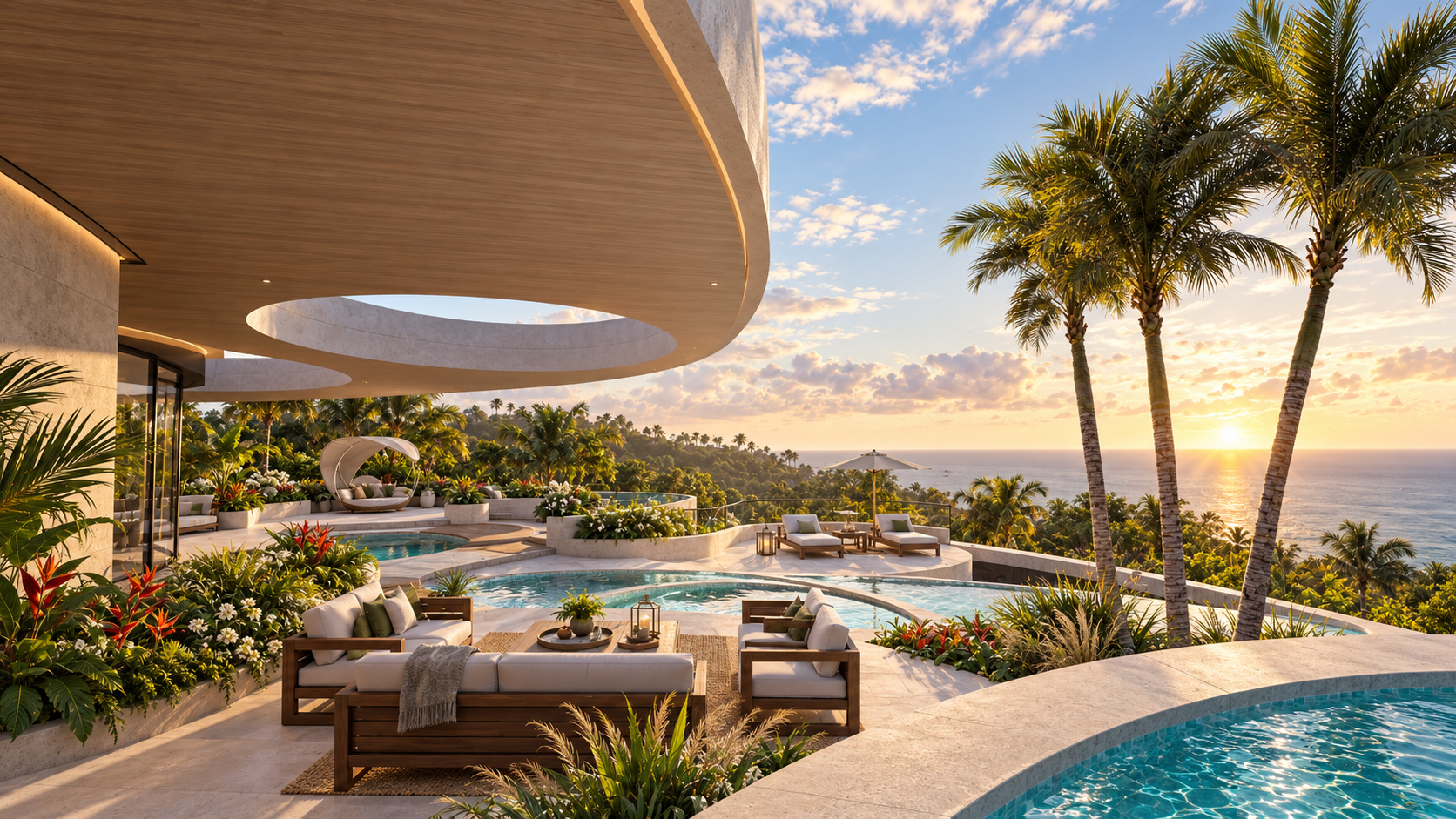 The terrace under a curved soffit cut with oval openings at Sycamore Meadows, shown as a design visualization