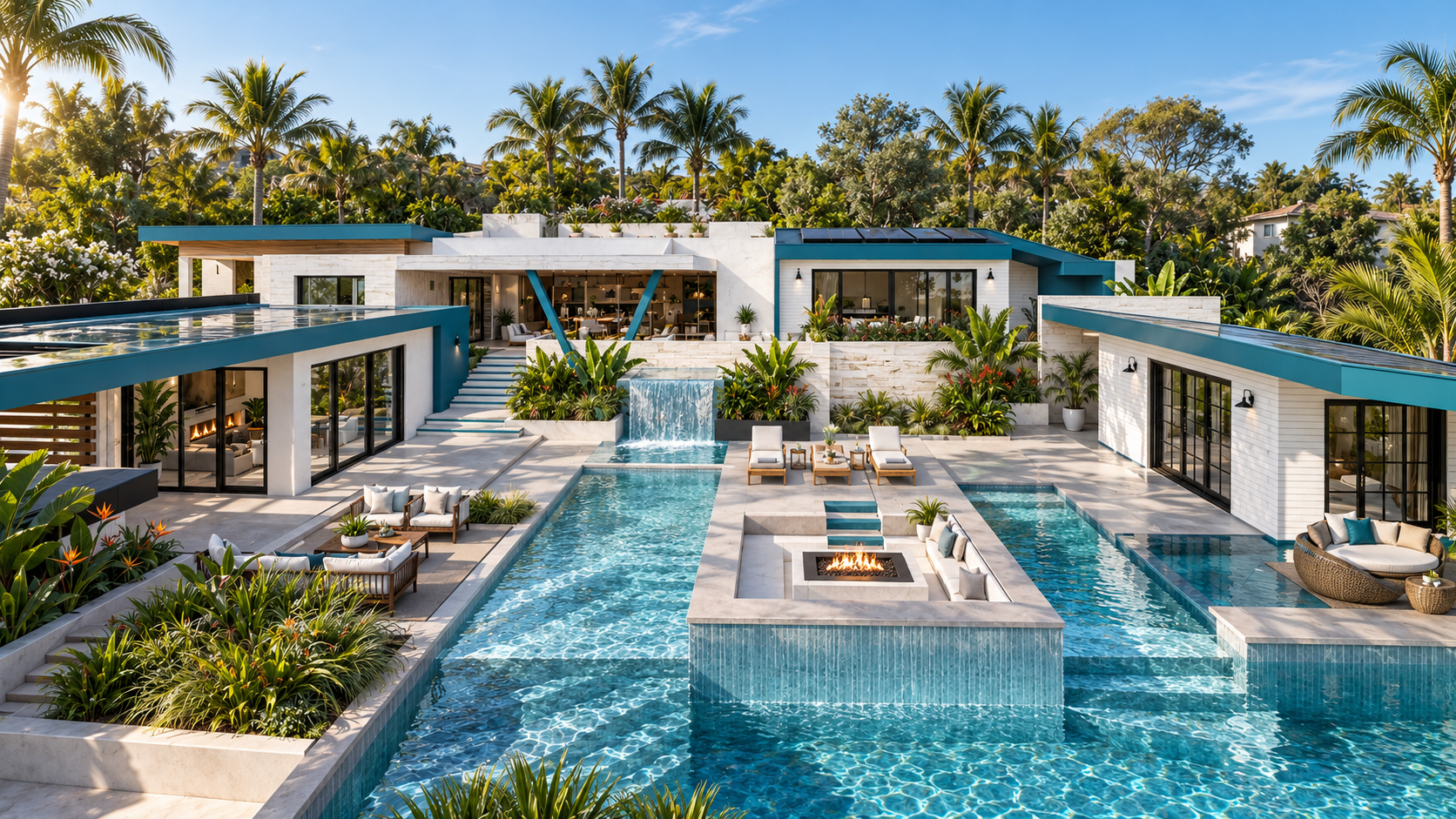 Surfside, a Design-Build house in Malibu by Apel Design, its pools and terraces seen from above, shown as a design visualization