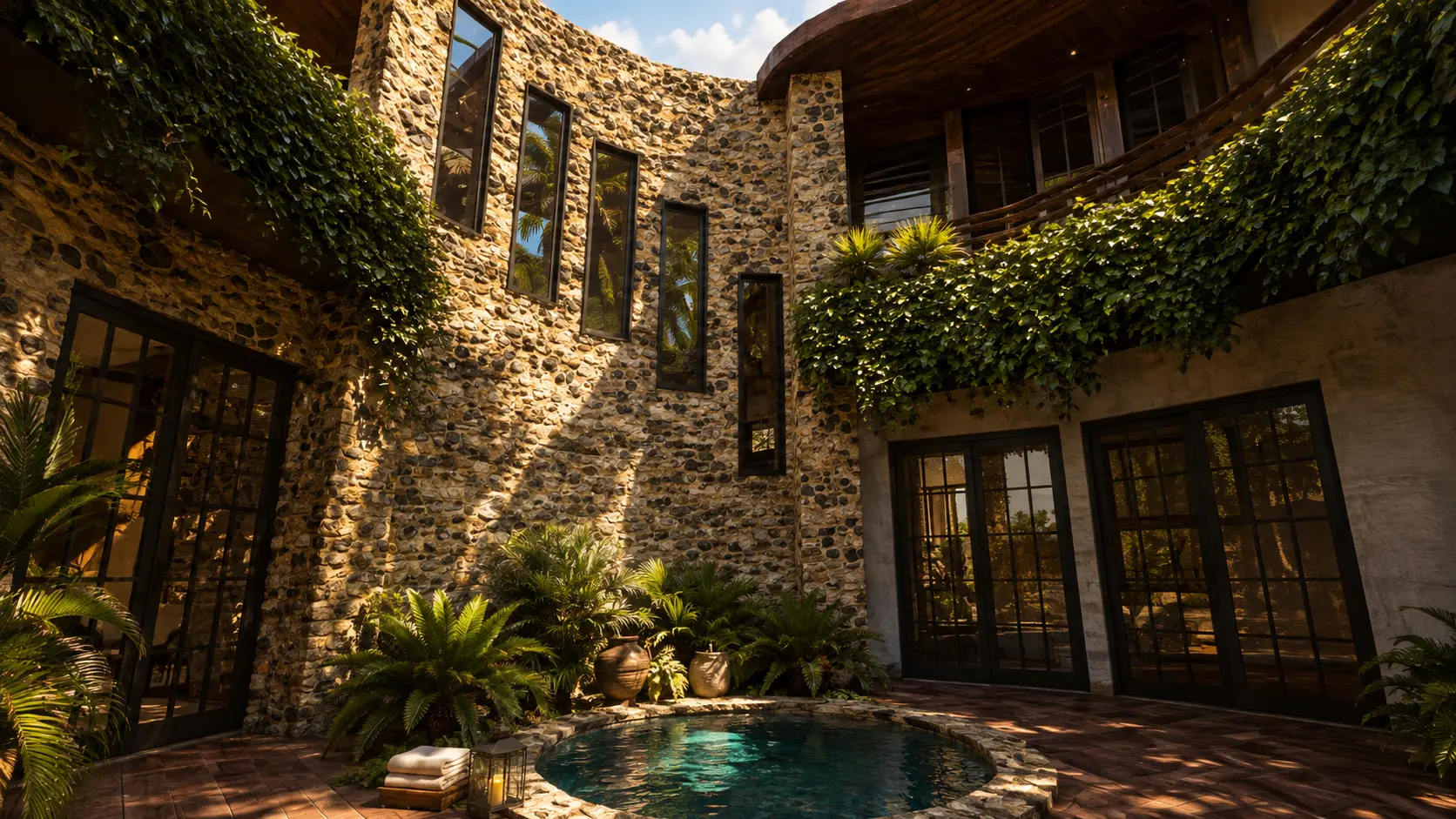 Stone water court with planting and shade, an Apel Design resort concept