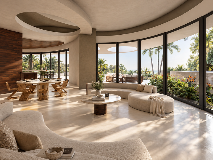 A living room under a curved ceiling cut with an oval opening, at Sycamore Meadows in Malibu, by Apel Design, shown as a design visualization