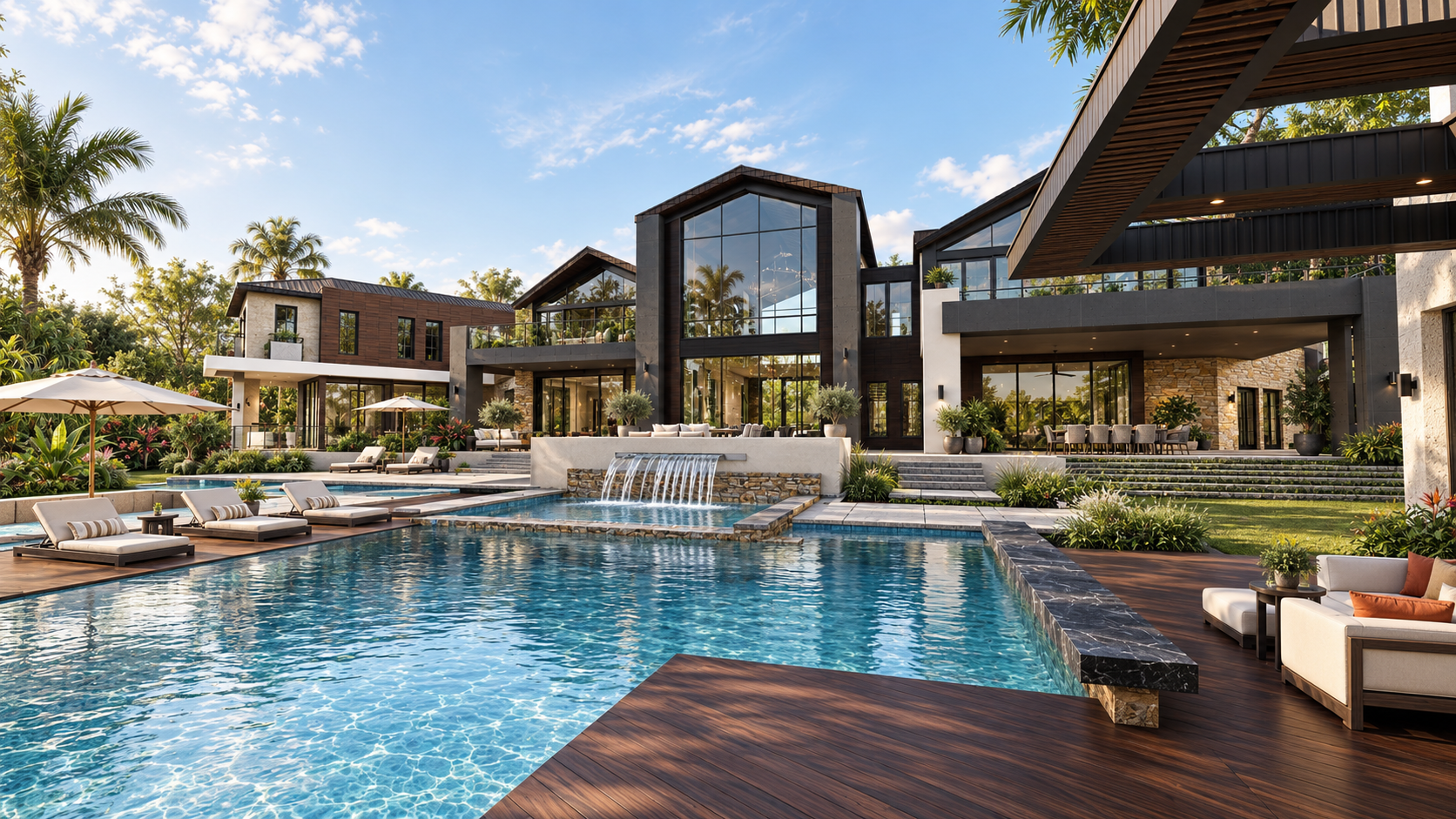 Pool and spill wall at House Two, shown as a design visualization
