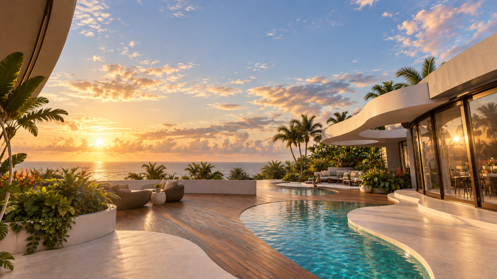 The pool terrace at sunset at Sycamore Meadows, shown as a design visualization
