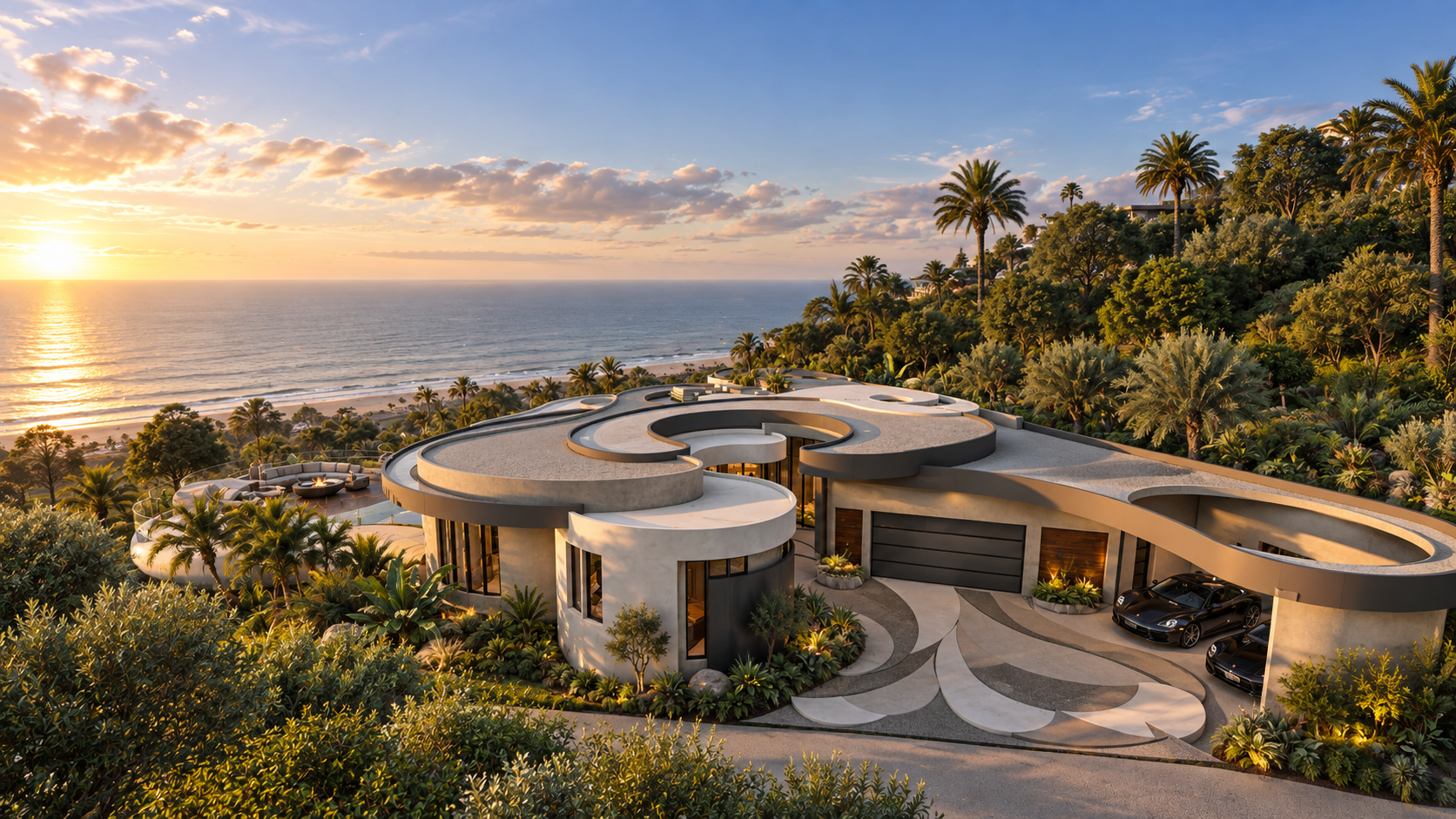 Sycamore Meadows above the beach, with its motor court and the ocean beyond, shown as a design visualization