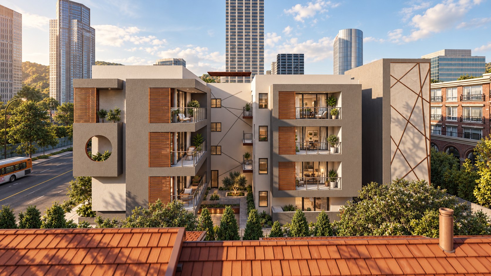 The garden court between the two blocks of homes at San Vicente Residences, shown as a design visualization