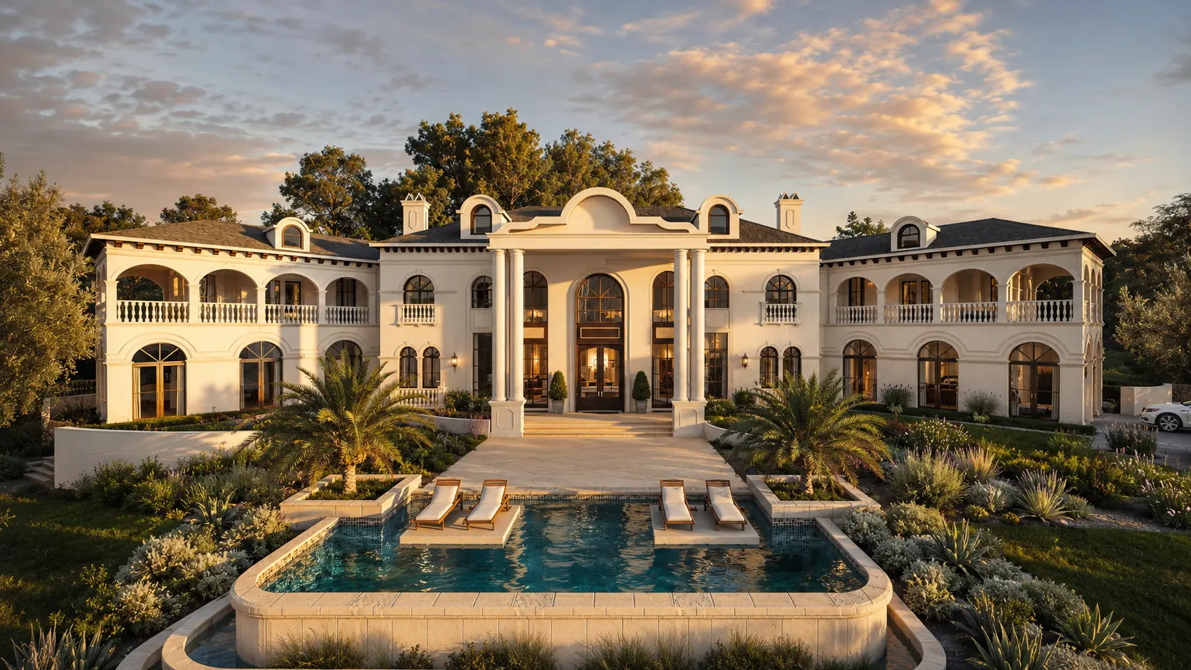 Large classical residence at sunset