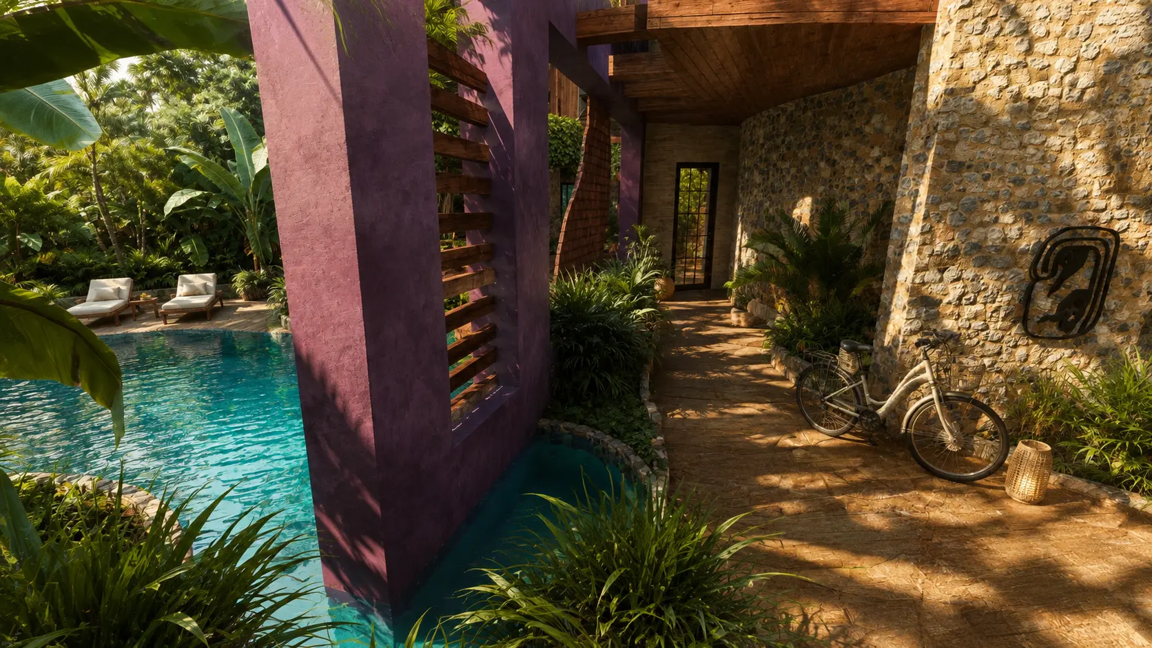 Courtyard with saturated colour and planting, an Apel Design resort concept