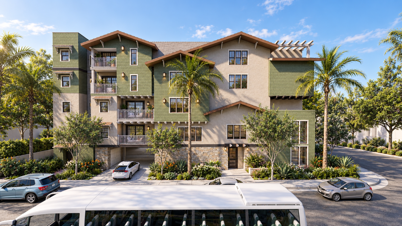Front elevation at Wilton with the parking set below the building, shown as a design visualization