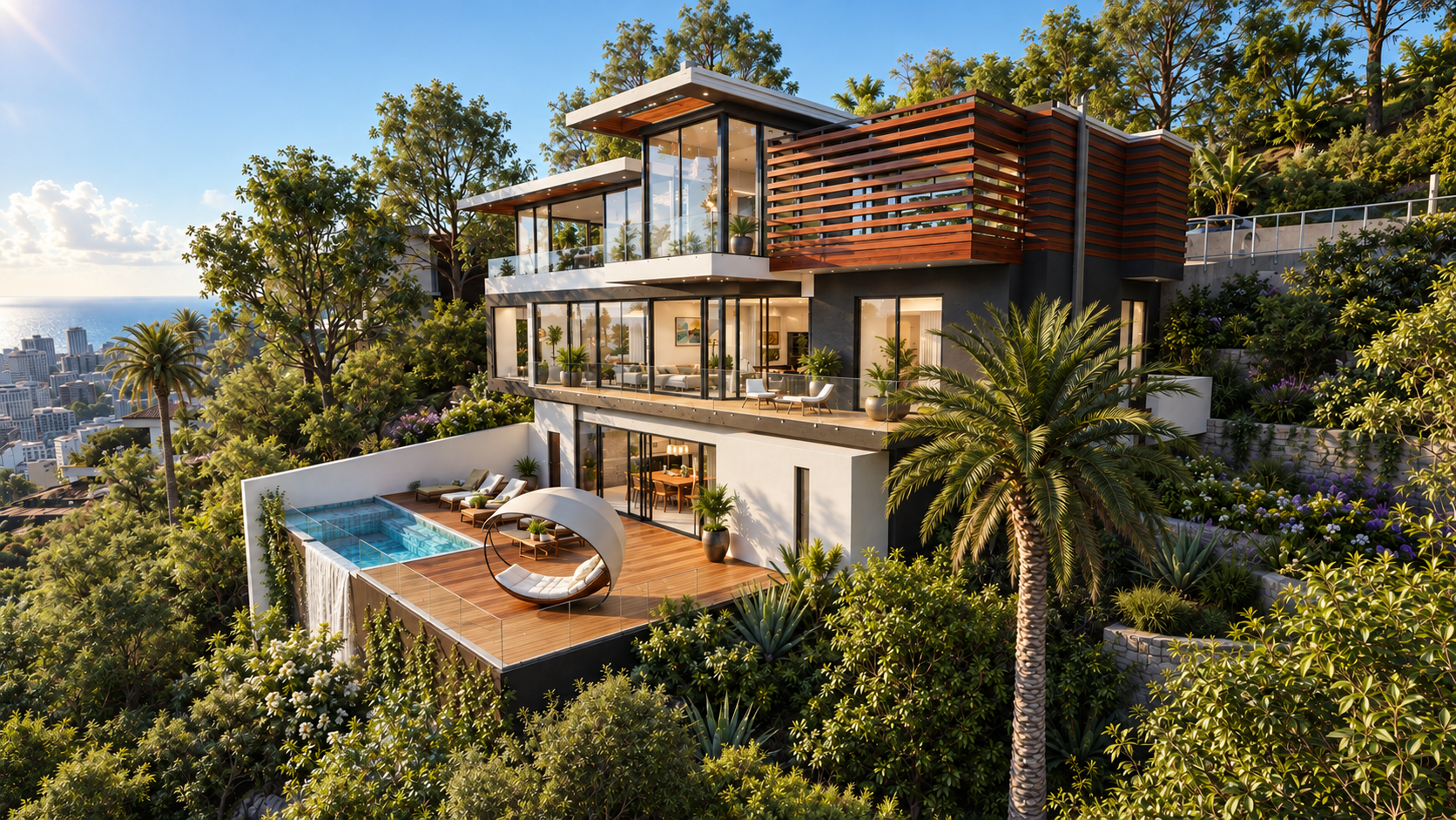 Marlay, a completed house in the Hollywood Hills by Apel Design, with its pool terrace above the slope, shown as a design visualization