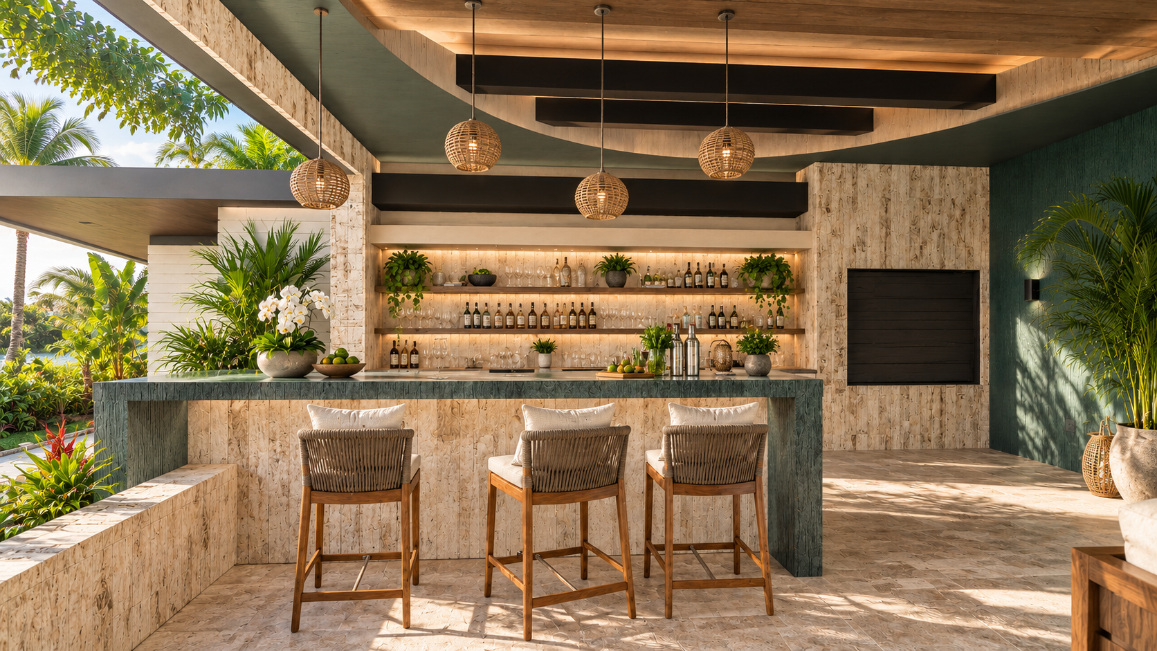 The outdoor bar, with lit stone shelves and woven stools, at Surfside, shown as a design visualization