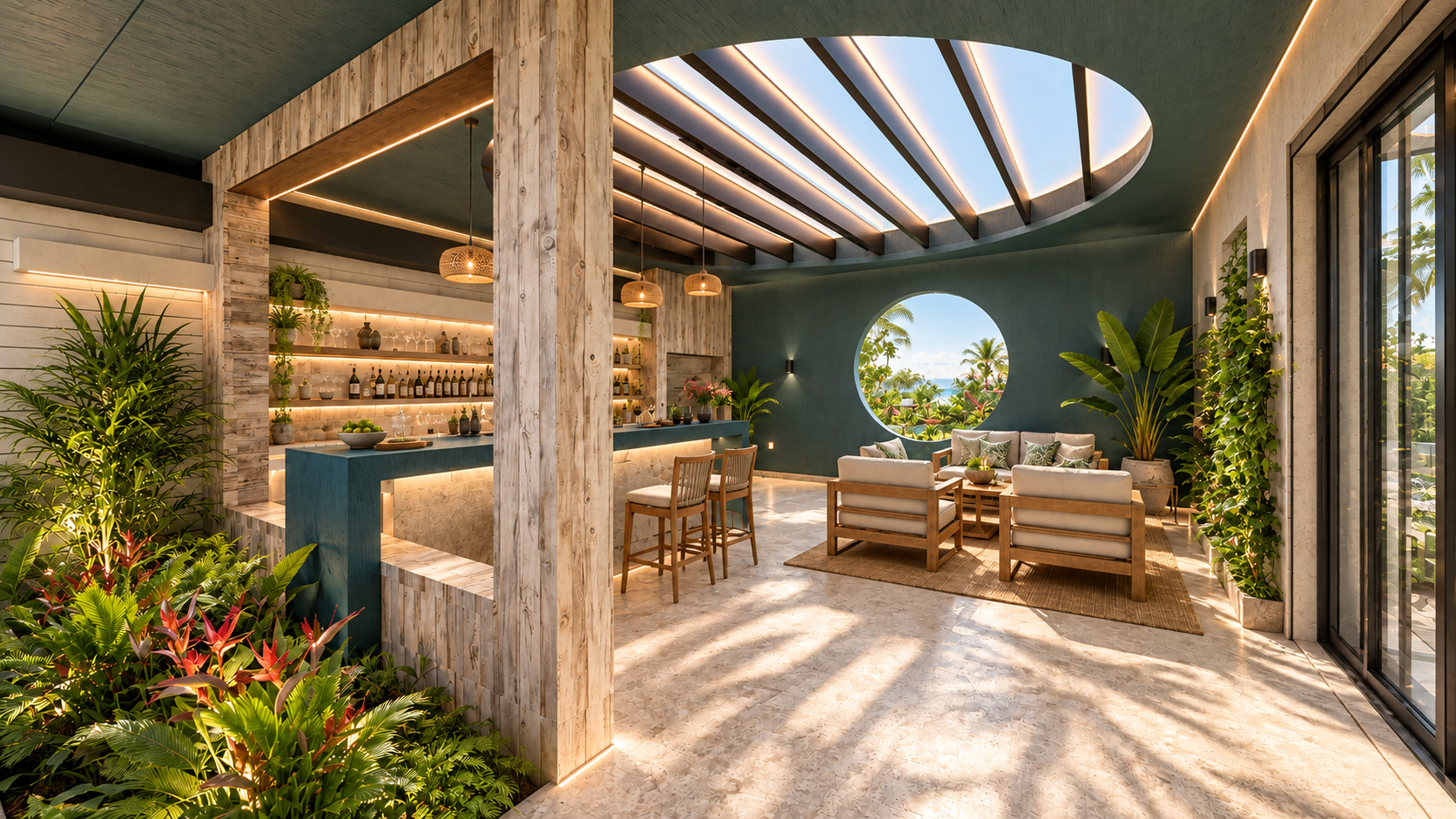 The covered bar and lounge under an oval skylight at Surfside, shown as a design visualization