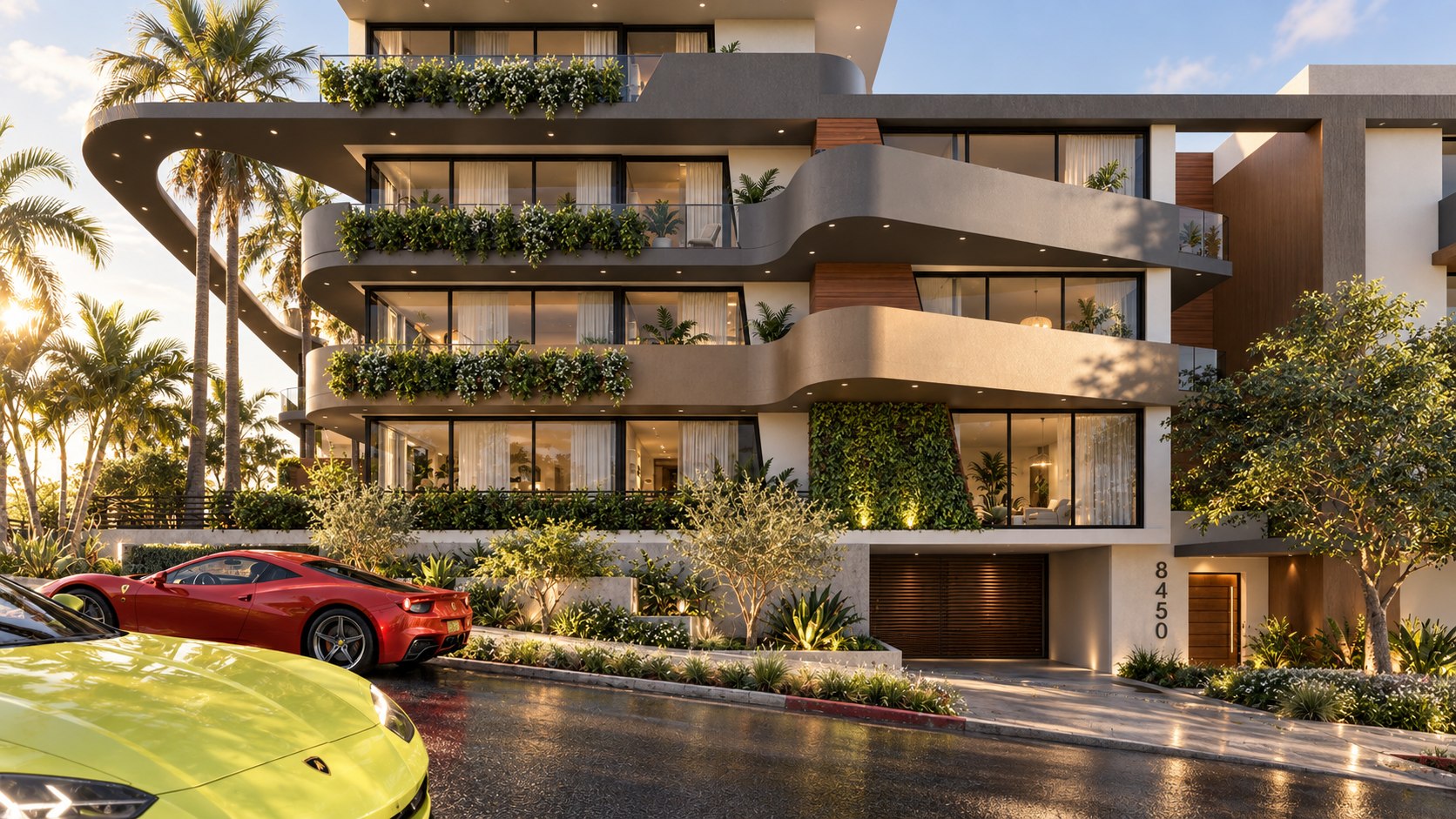 The layered curved balconies and planted terraces of Fountain Curve at sunset, shown as a design visualization