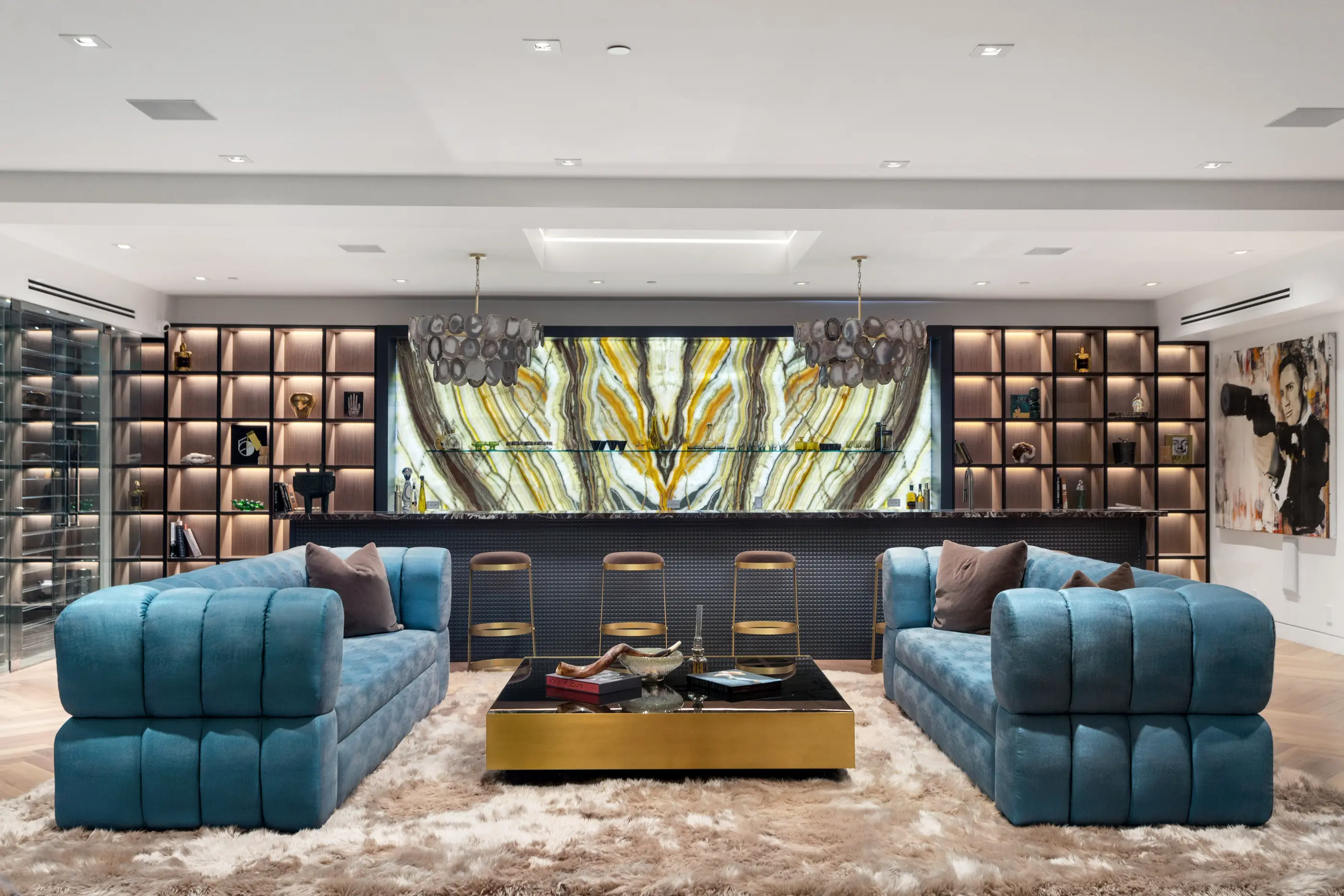 Sculptural living room with custom art and objects by Apel Design