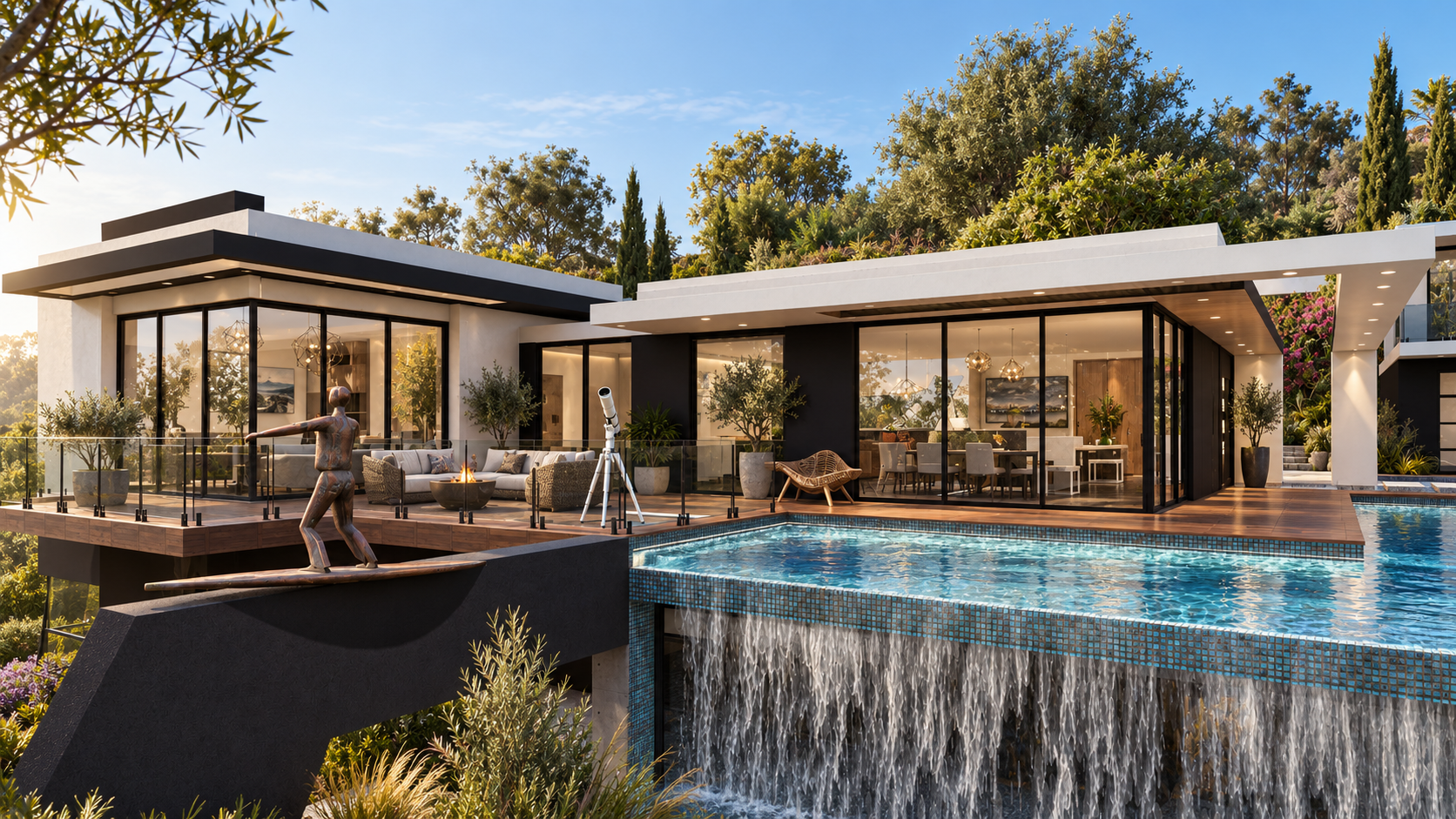 Cantilevered terrace at Gayton above the spilling pool edge, shown as a design visualization
