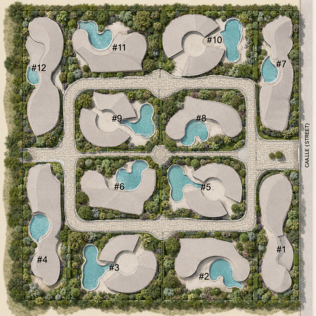 Site plan of a twelve-home community organized around a looping private drive