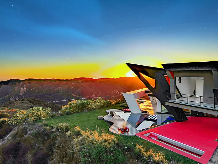 The Aviator residence at sunset in the Malibu mountains