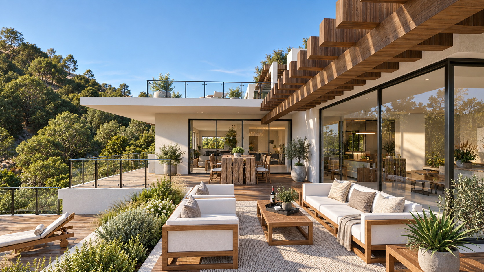 A lounge on the main terrace beside sliding glass walls at Foxview, shown as a design visualization