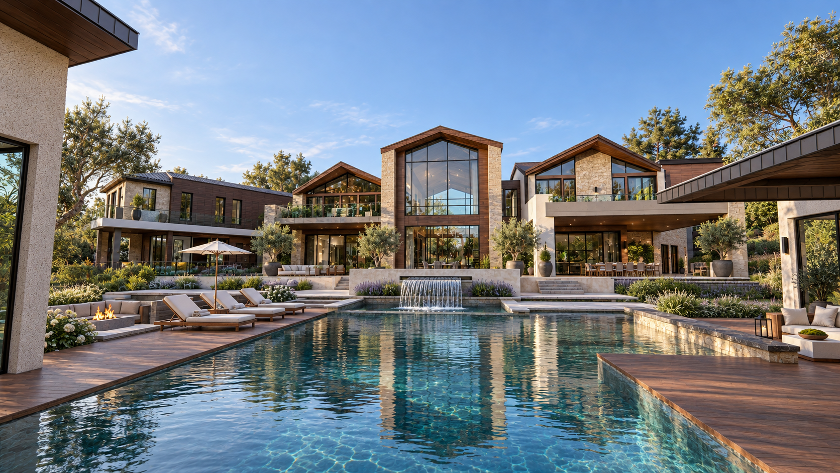 The three houses seen across the water, shown as a design visualization