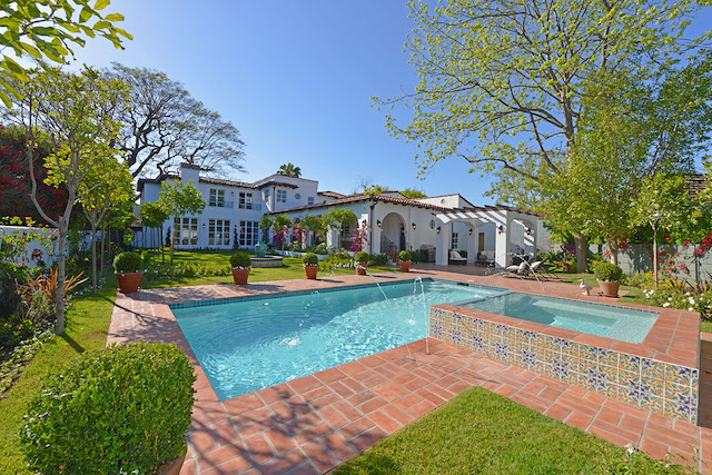 Pool and tiled spa at June, on the brick terrace behind the house, by Apel Design