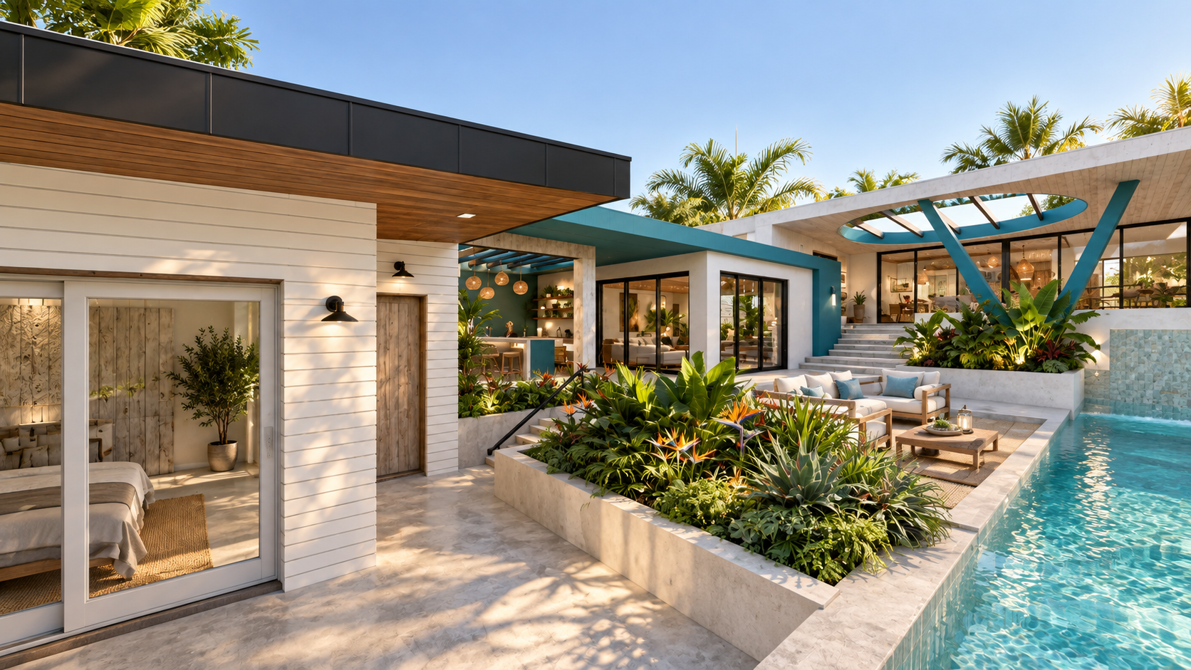 The pool and its planted terraces at Surfside, shown as a design visualization