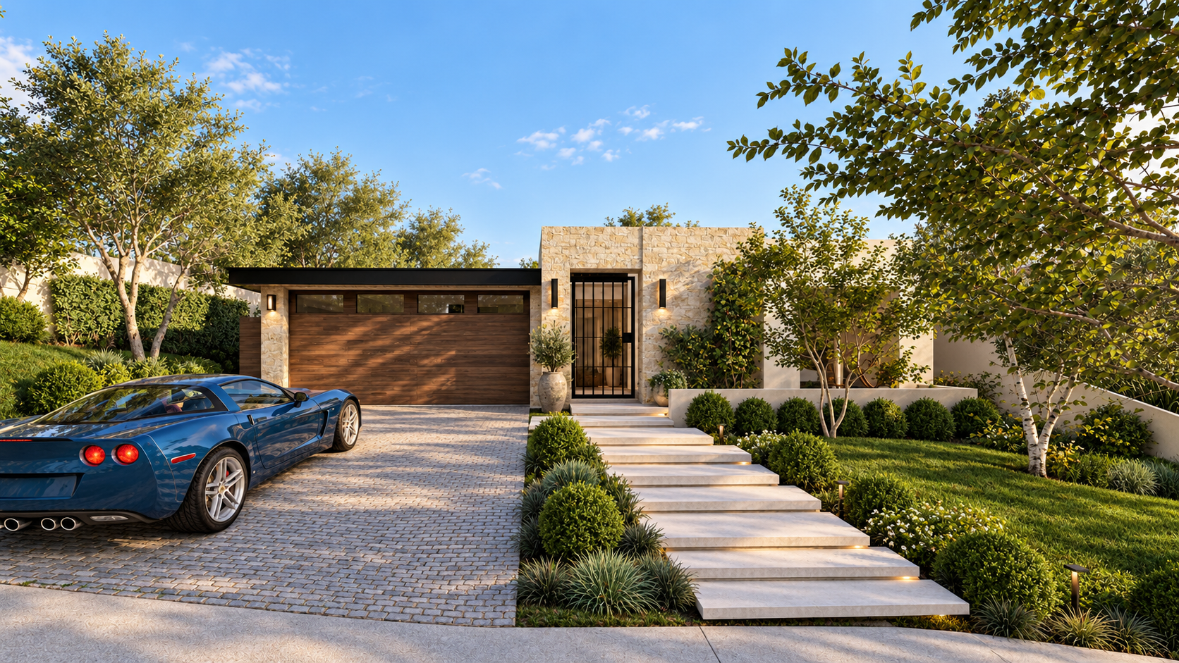 Castlerock, a custom home by Apel Design in Pacific Palisades, with its stone entry and stepped garden path, shown as a design visualization