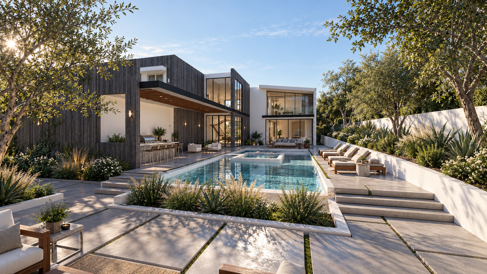 Pool terrace at House One, shown as a design visualization